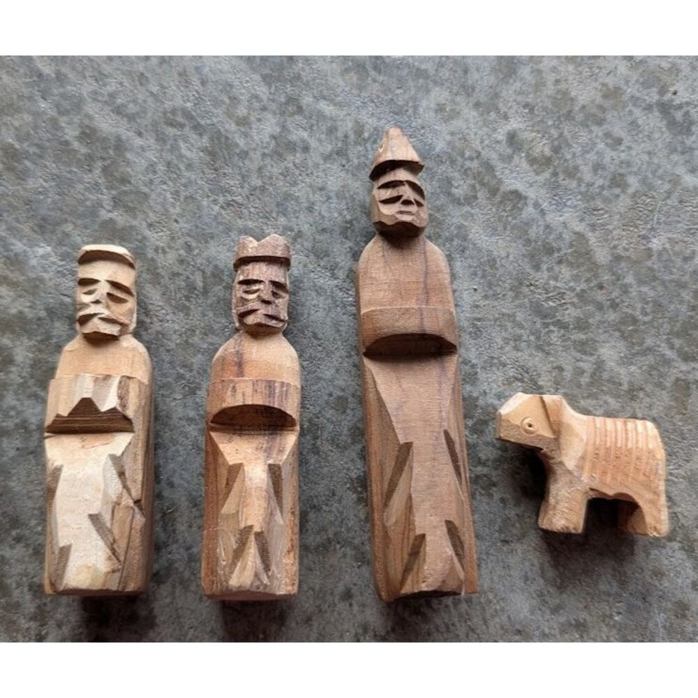 Vintage Wooden Nativity 3 Wisemen & Lamb Hand Carved Holy Land Primitive Rustic